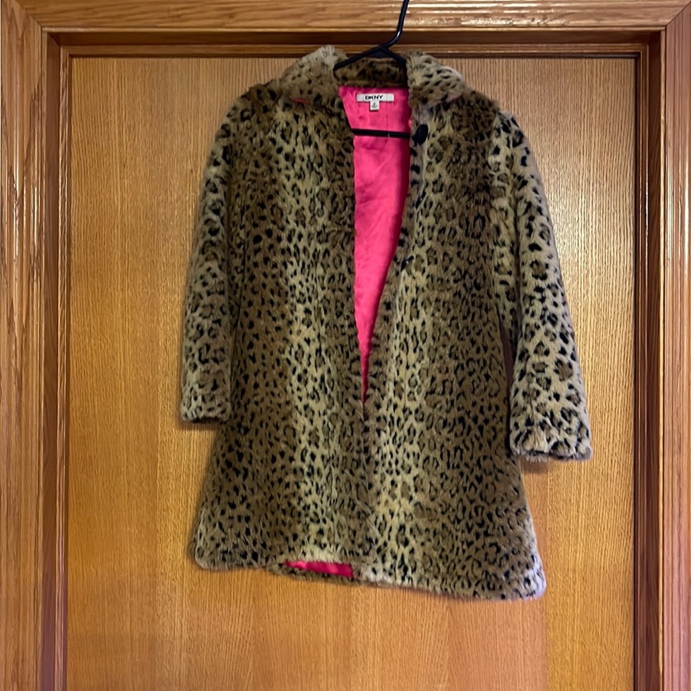 Kids DKNY leopard print furry pea coat